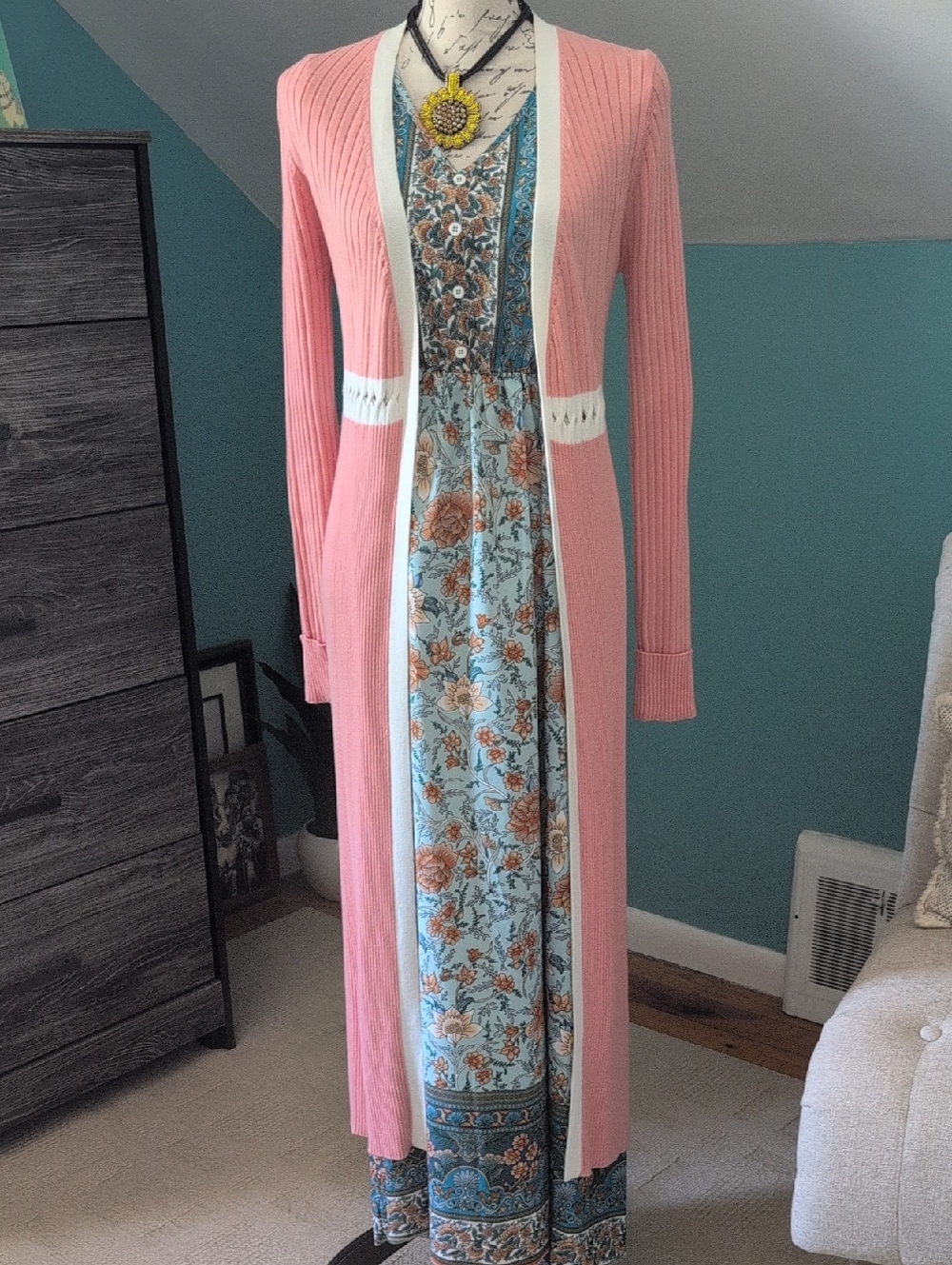 Boho Floral Maxi Dress with Pink Ribbed Cardigan